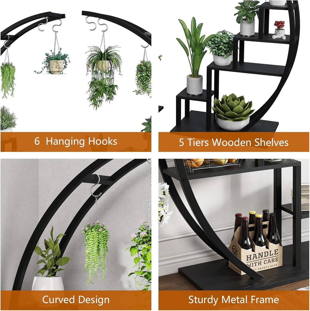 HiMISS Five Tier Metal Plant Stand With Hanging Hooks and Display Shelf