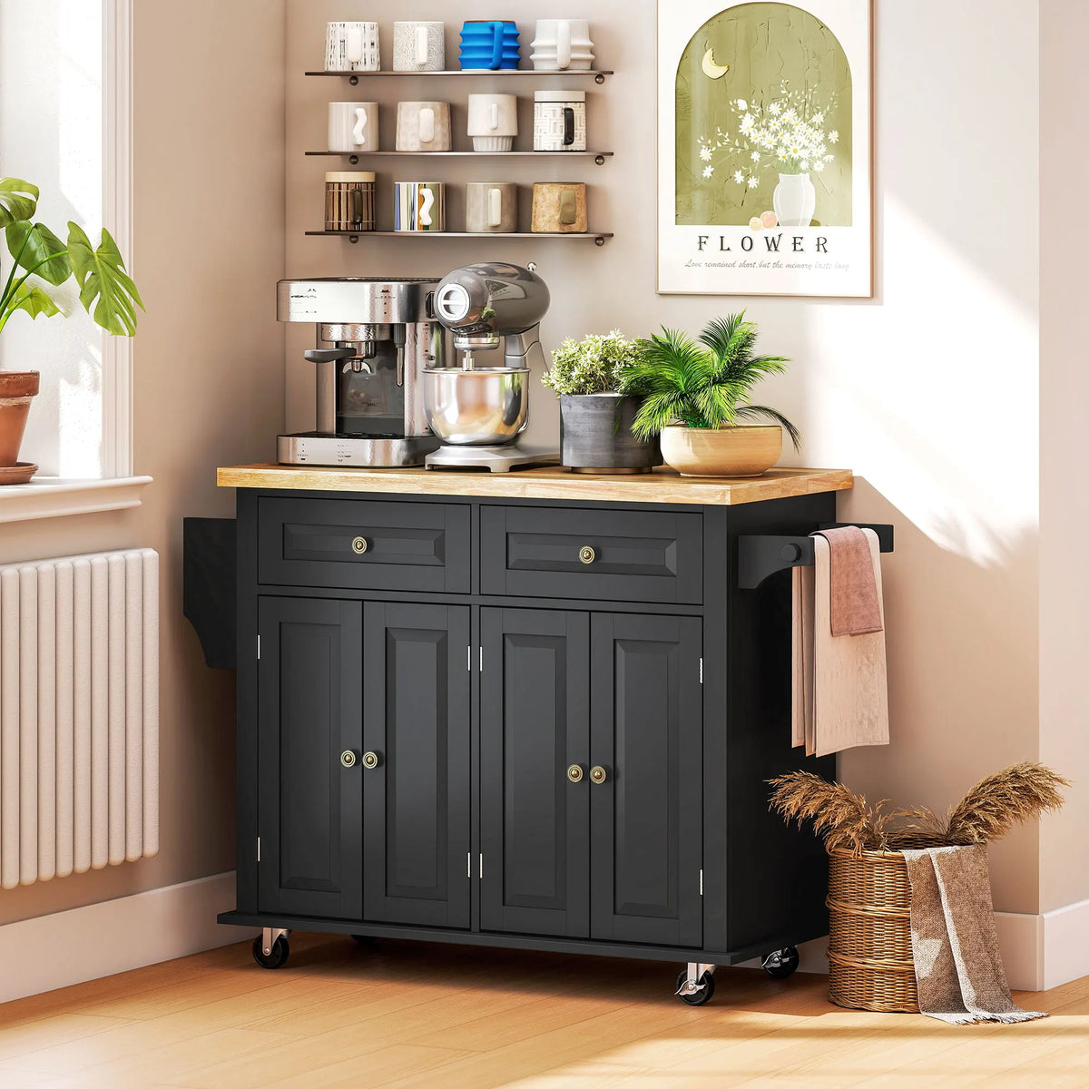 HOMCOM Kitchen Island Cart with Solid Wood Top and Storage