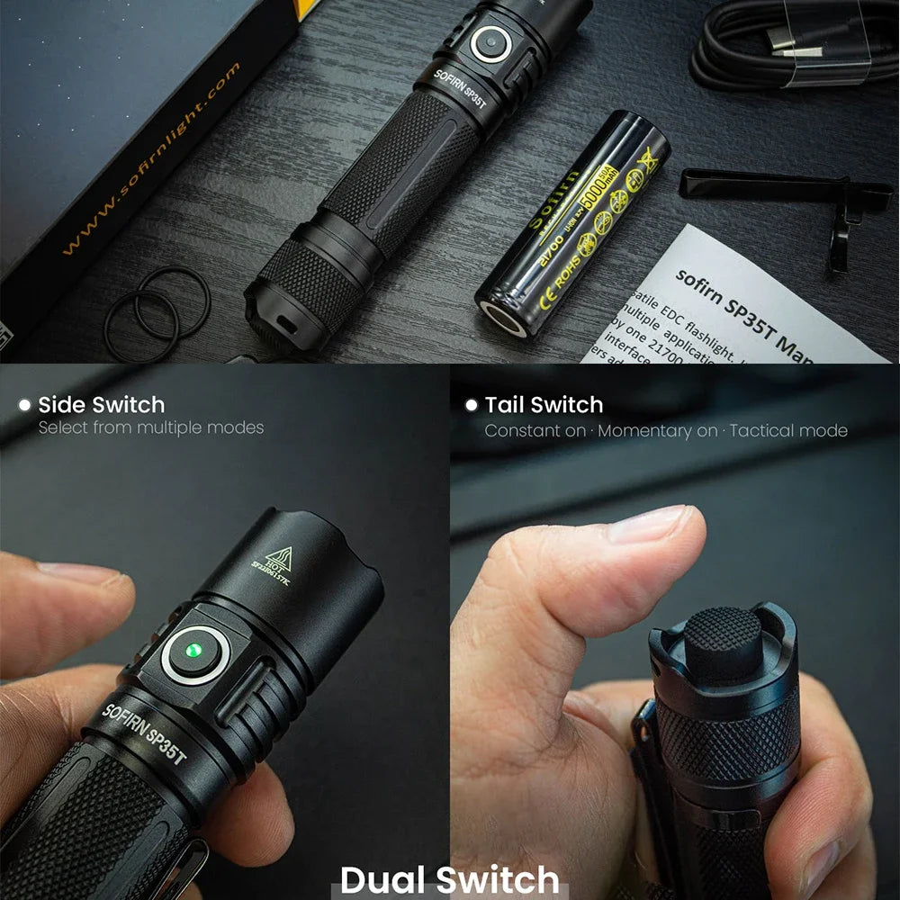 Sofirn SP35T Tactical LED Flashlight USB C Rechargeable Dual Switch