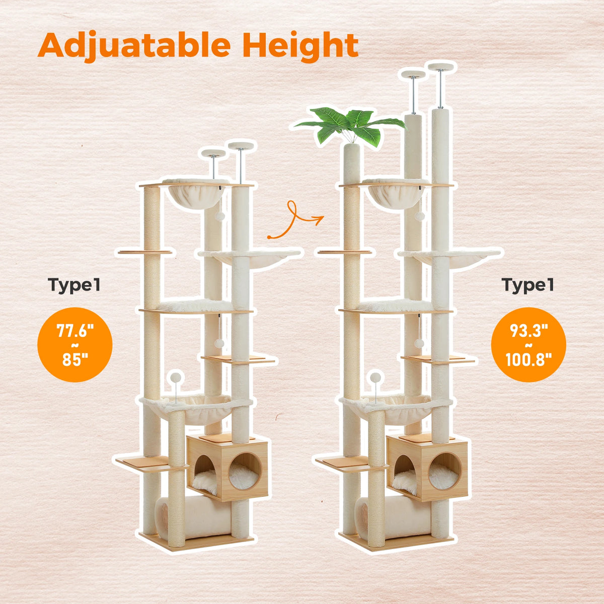 PAWZ Road Adjustable Wooden Cat Tower With Hammock Sisal Posts