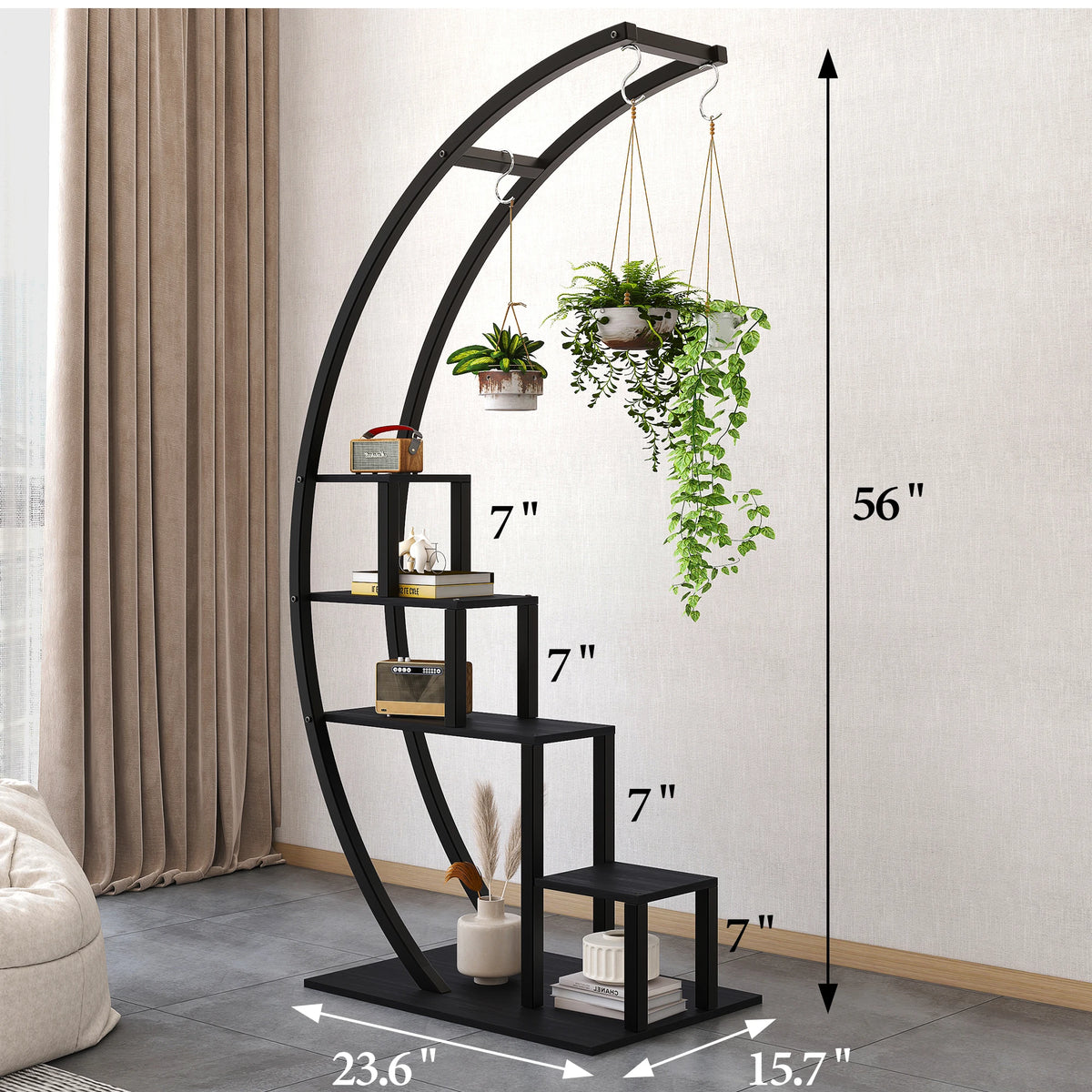 HiMISS Five Tier Metal Plant Stand With Hanging Hooks and Display Shelf