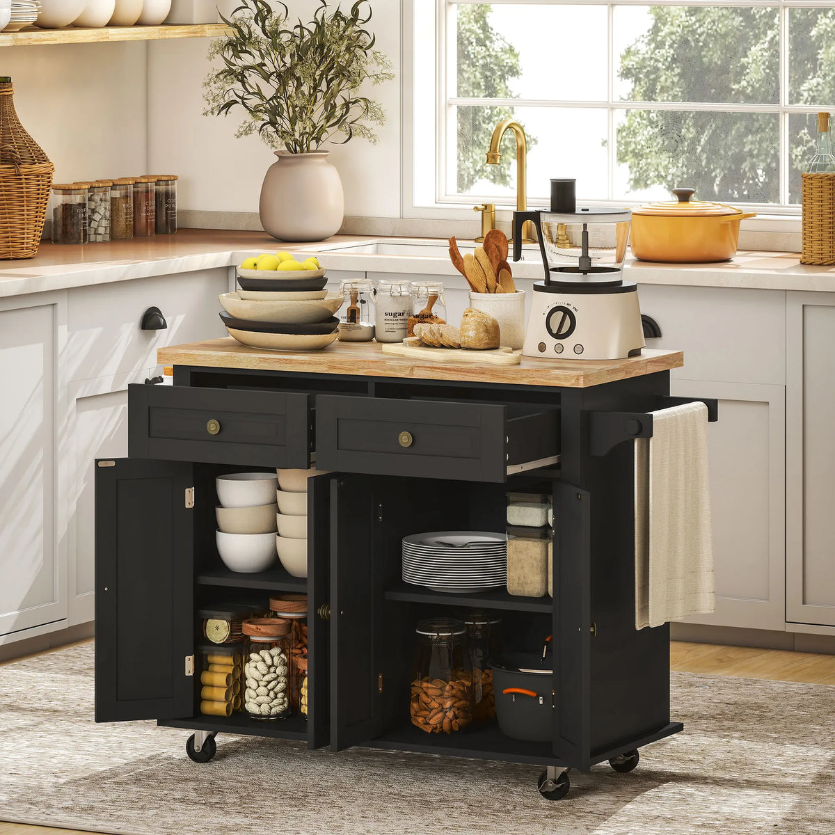 HOMCOM Kitchen Island Cart with Solid Wood Top and Storage