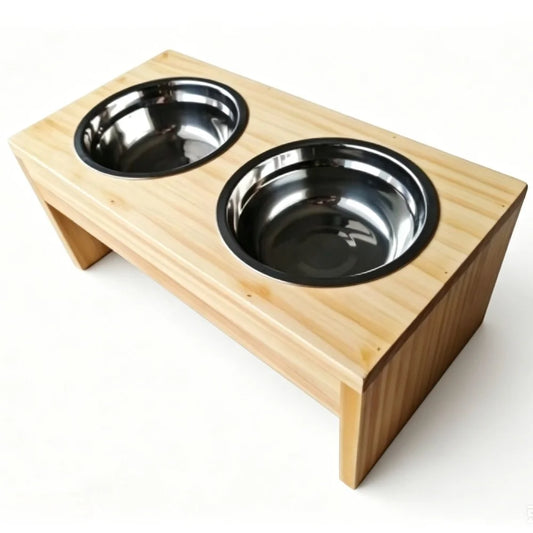 Elevated Wooden Dog Feeder Stand With Stainless Steel Bowls