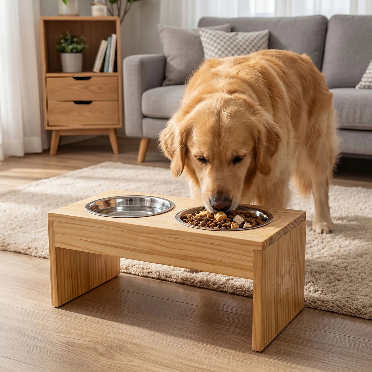 Elevated Wooden Dog Feeder Stand With Stainless Steel Bowls