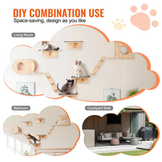 SucceBuy Wall Mounted Cat Shelves With Jumping Boards And Hammock