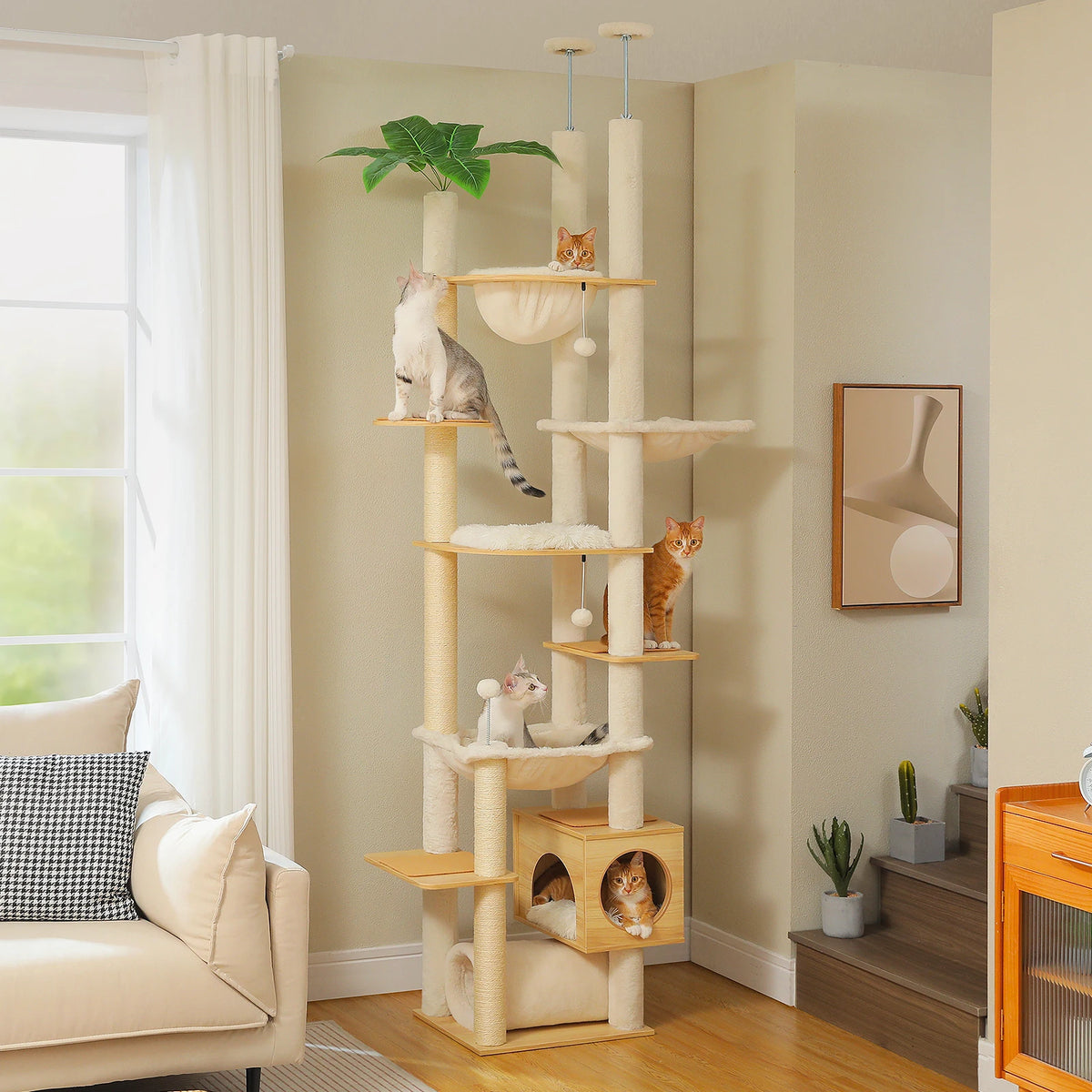 PAWZ Road Adjustable Wooden Cat Tower With Hammock Sisal Posts