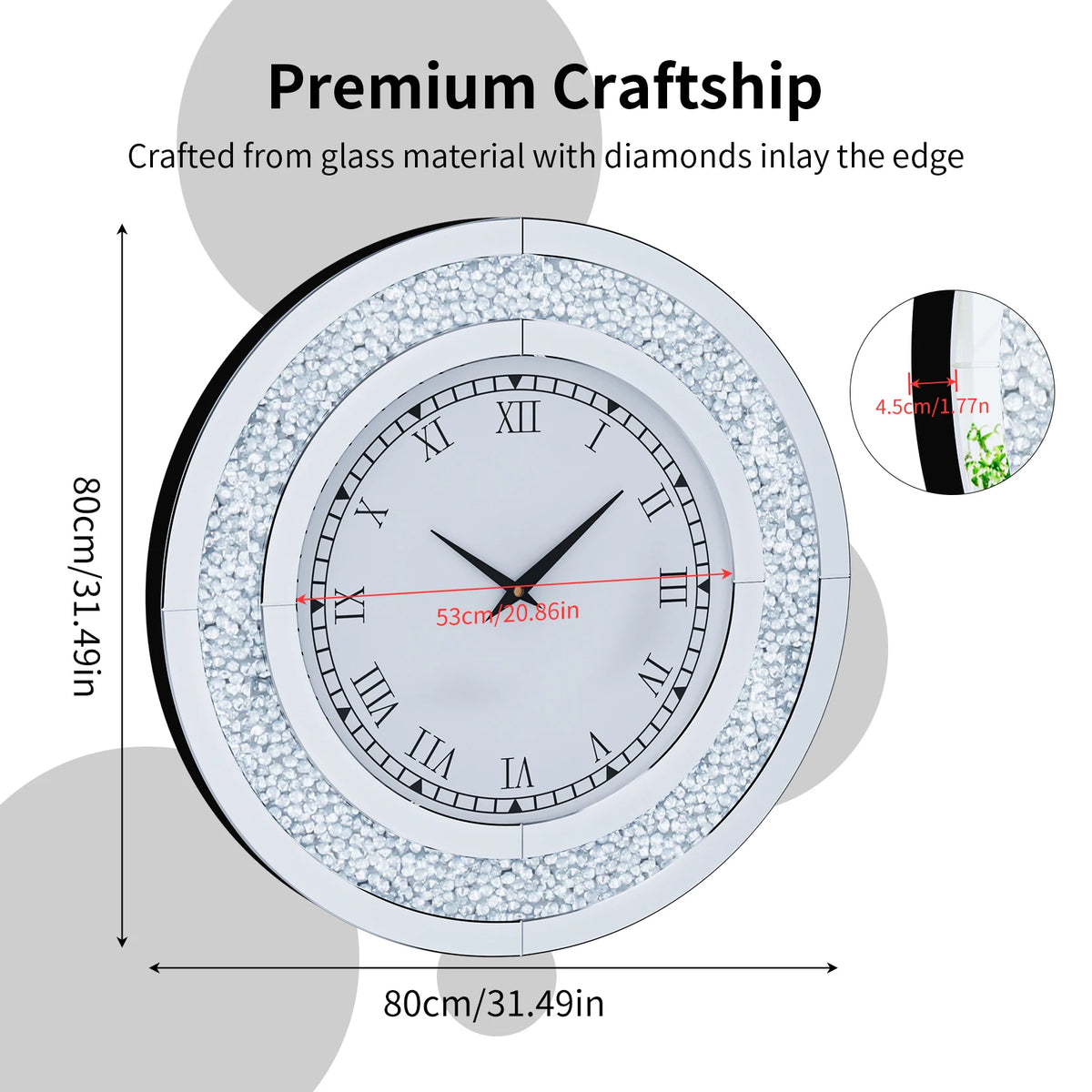 Crystal Sparkle Mirrored Round Wall Clock for Elegant Home Decor