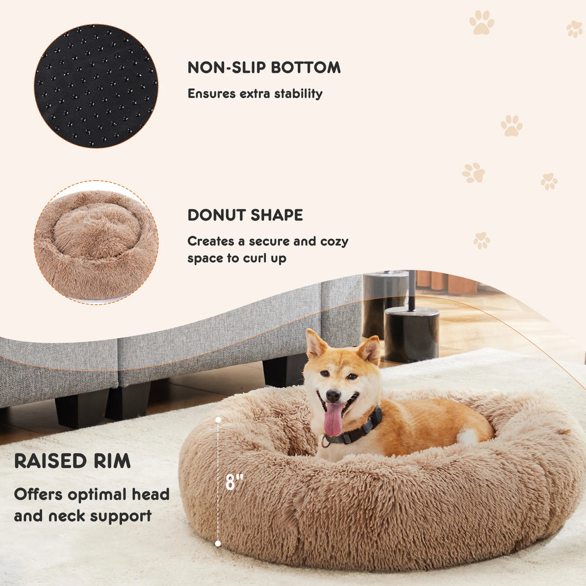 JHK Calming Fluffy Dog Bed With Washable Coral Fleece