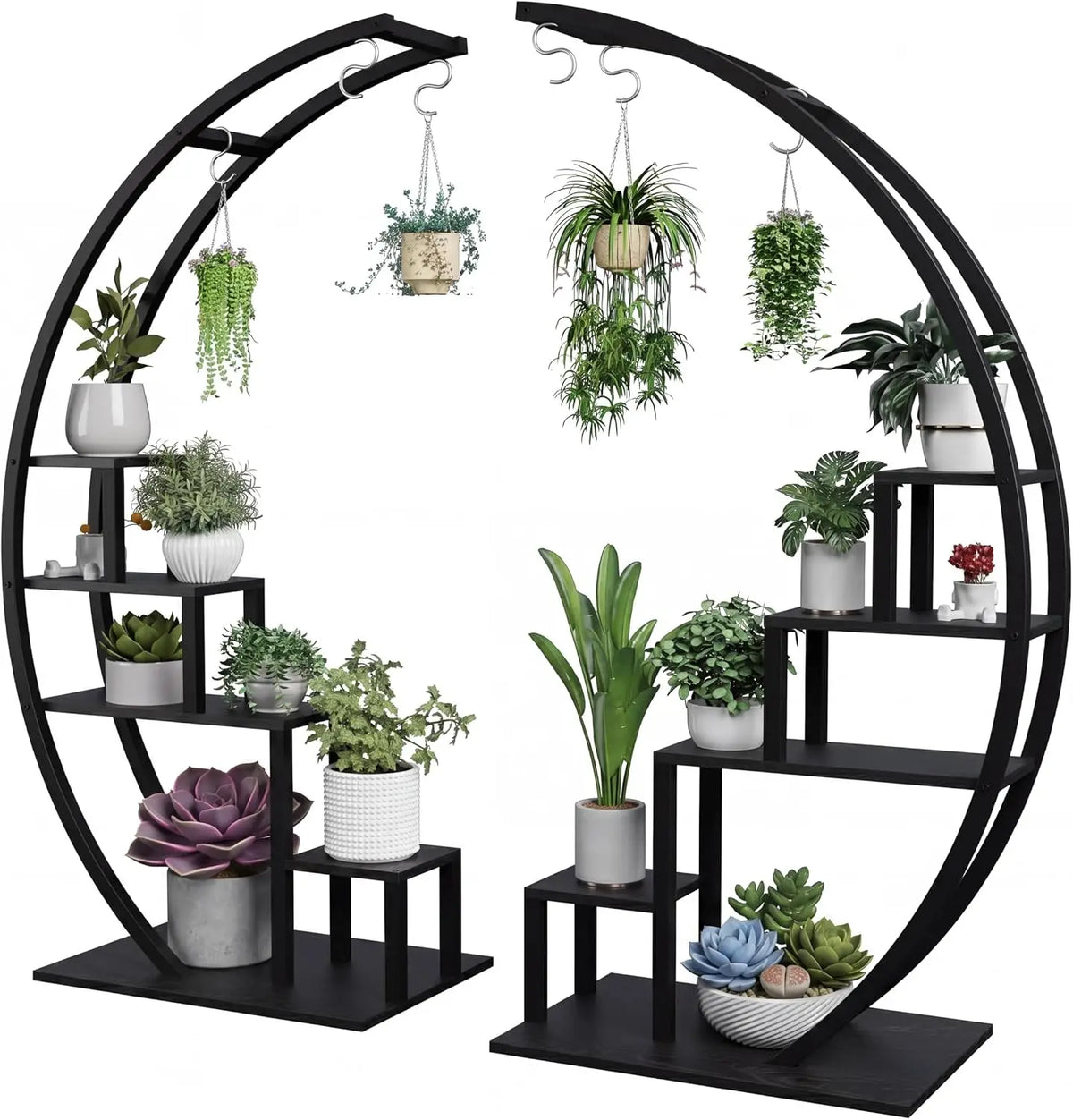 HiMISS Five Tier Metal Plant Stand With Hanging Hooks and Display Shelf