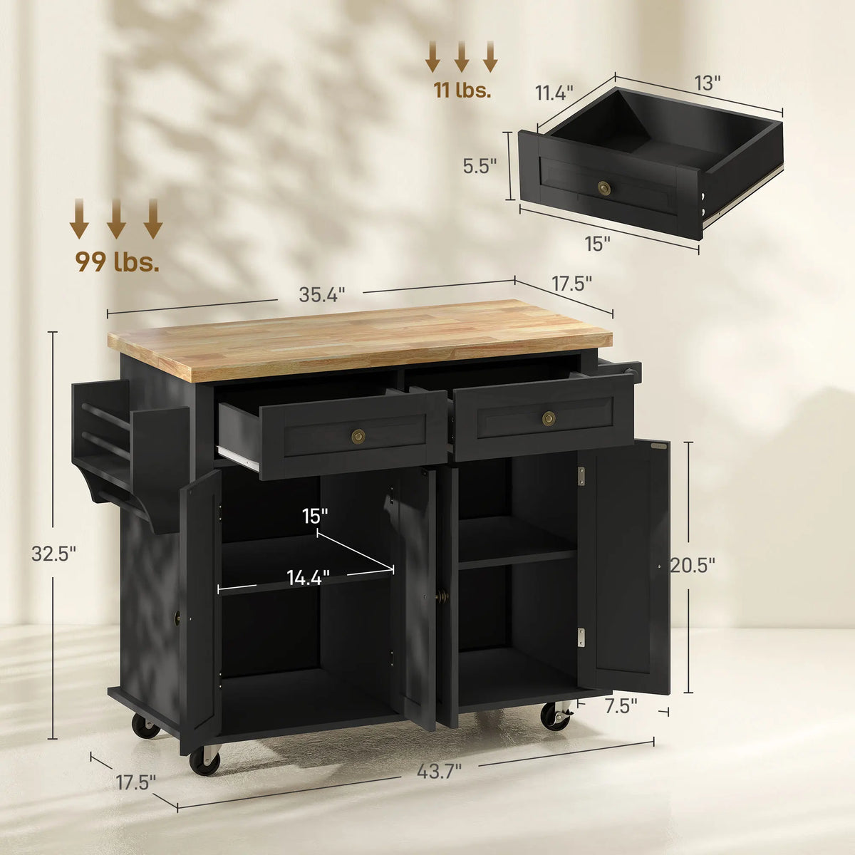 HOMCOM Kitchen Island Cart with Solid Wood Top and Storage