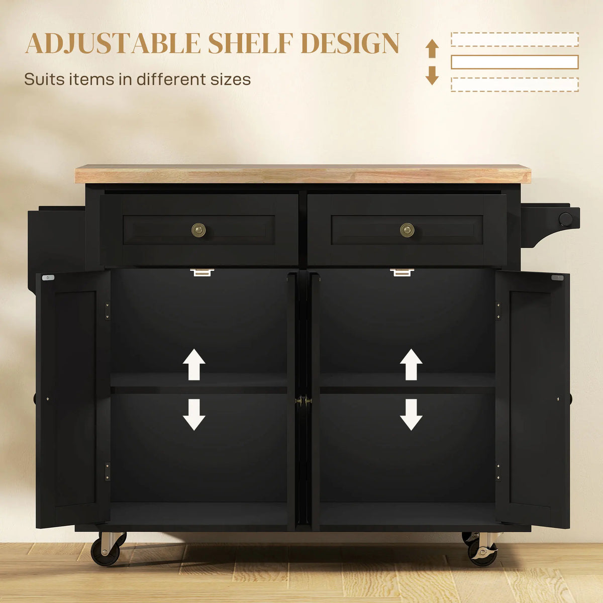 HOMCOM Kitchen Island Cart with Solid Wood Top and Storage