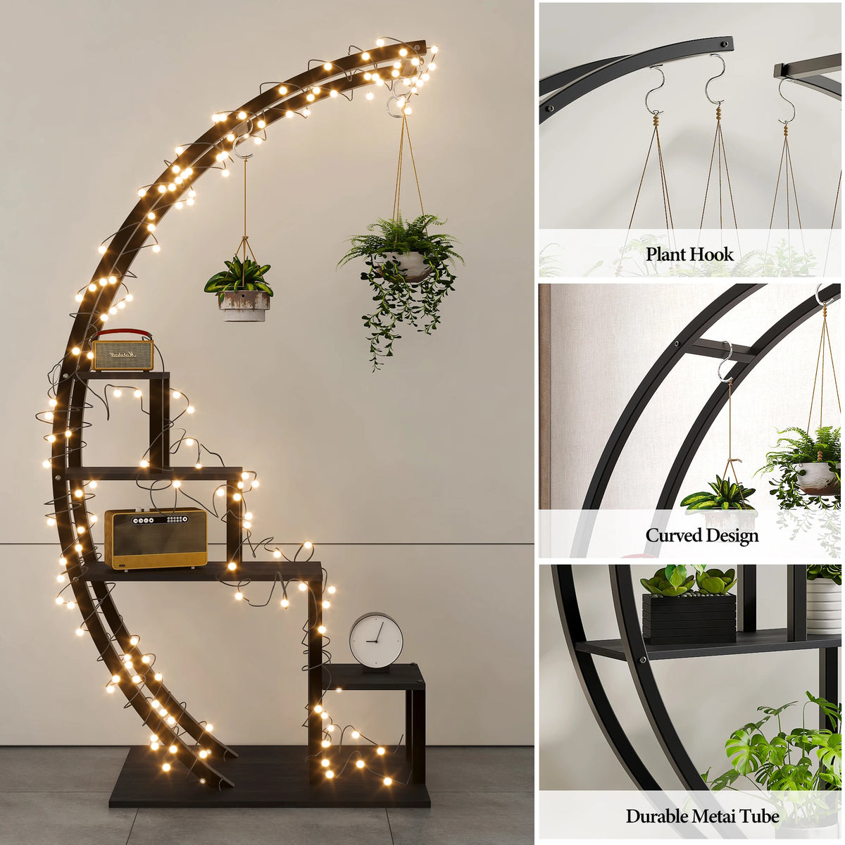 HiMISS Five Tier Metal Plant Stand With Hanging Hooks and Display Shelf