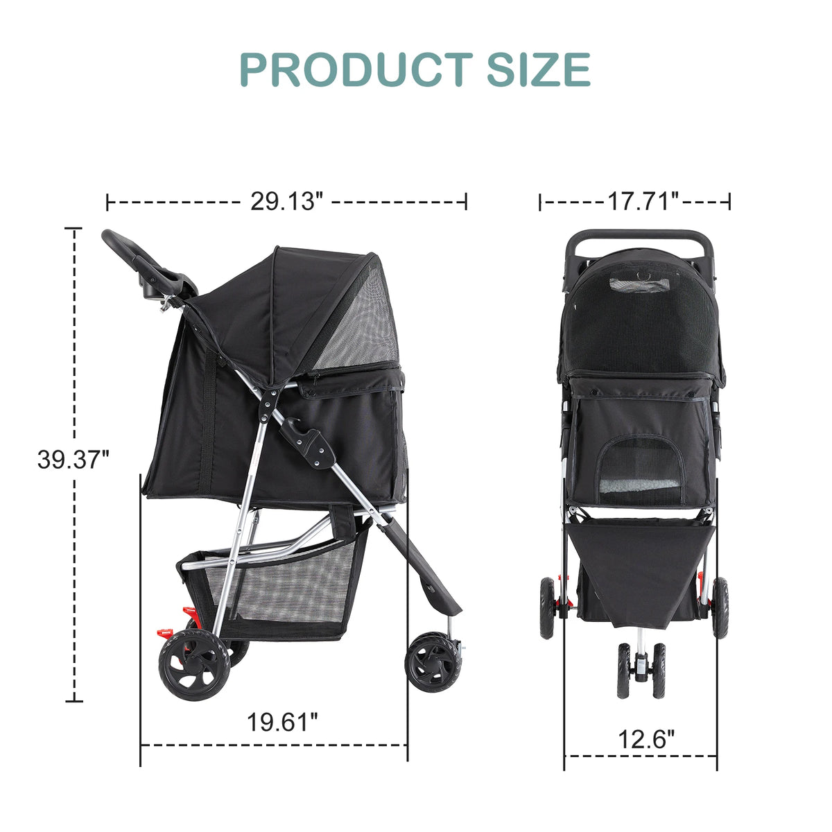 Foldable Pet Stroller For Dogs And Cats With Storage Basket