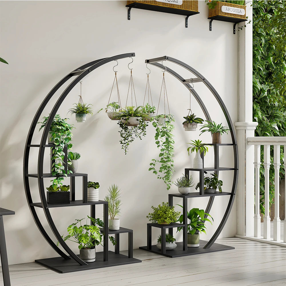 HiMISS Five Tier Metal Plant Stand With Hanging Hooks and Display Shelf