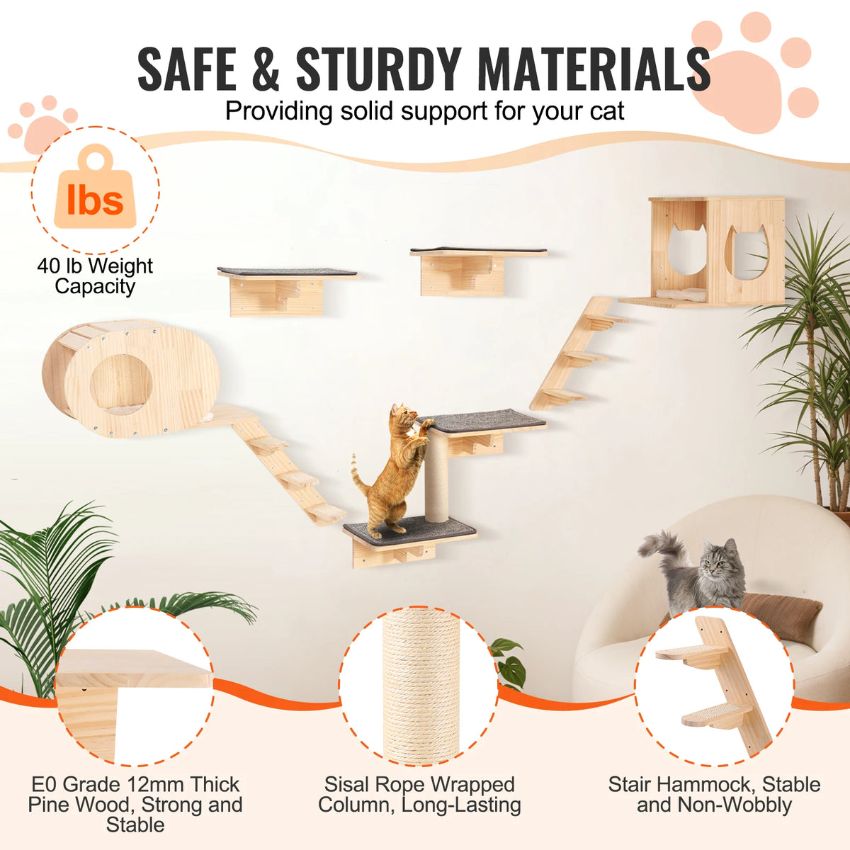 SucceBuy Wall Mounted Cat Shelves With Jumping Boards And Hammock