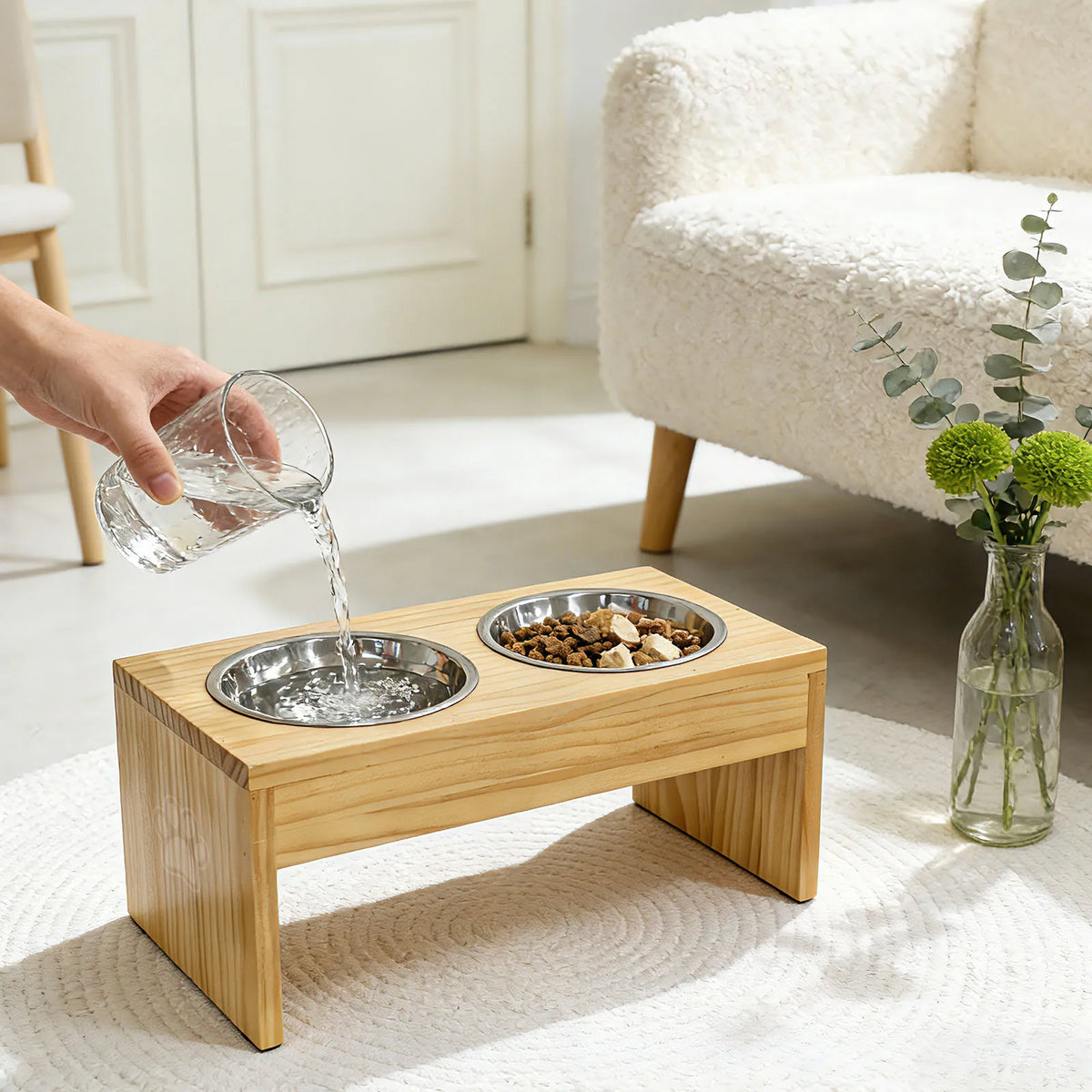 Elevated Wooden Dog Feeder Stand With Stainless Steel Bowls