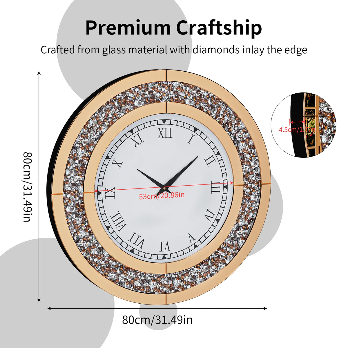 Crystal Sparkle Mirrored Round Wall Clock for Elegant Home Decor