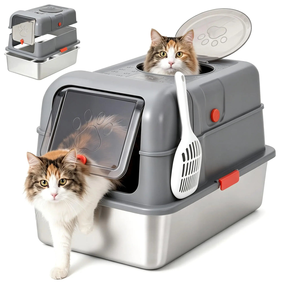Studyset Enclosed Stainless Steel Cat Litter Box With Scoop