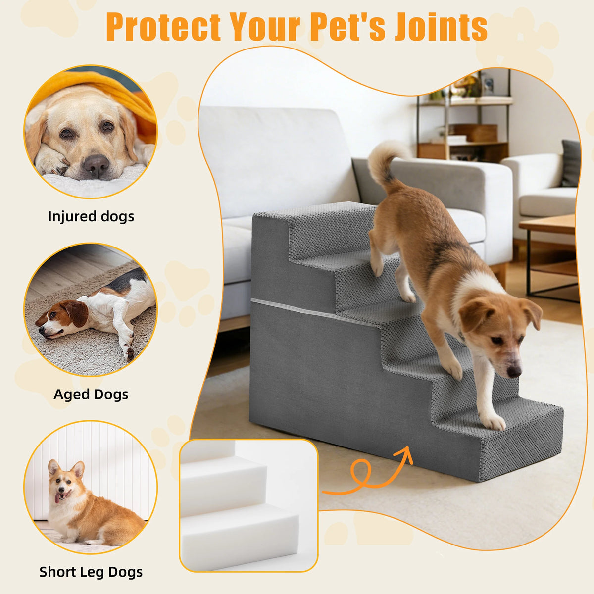 Jhk Curved Indoor Foam Dog Stair Ramp For Small Dogs