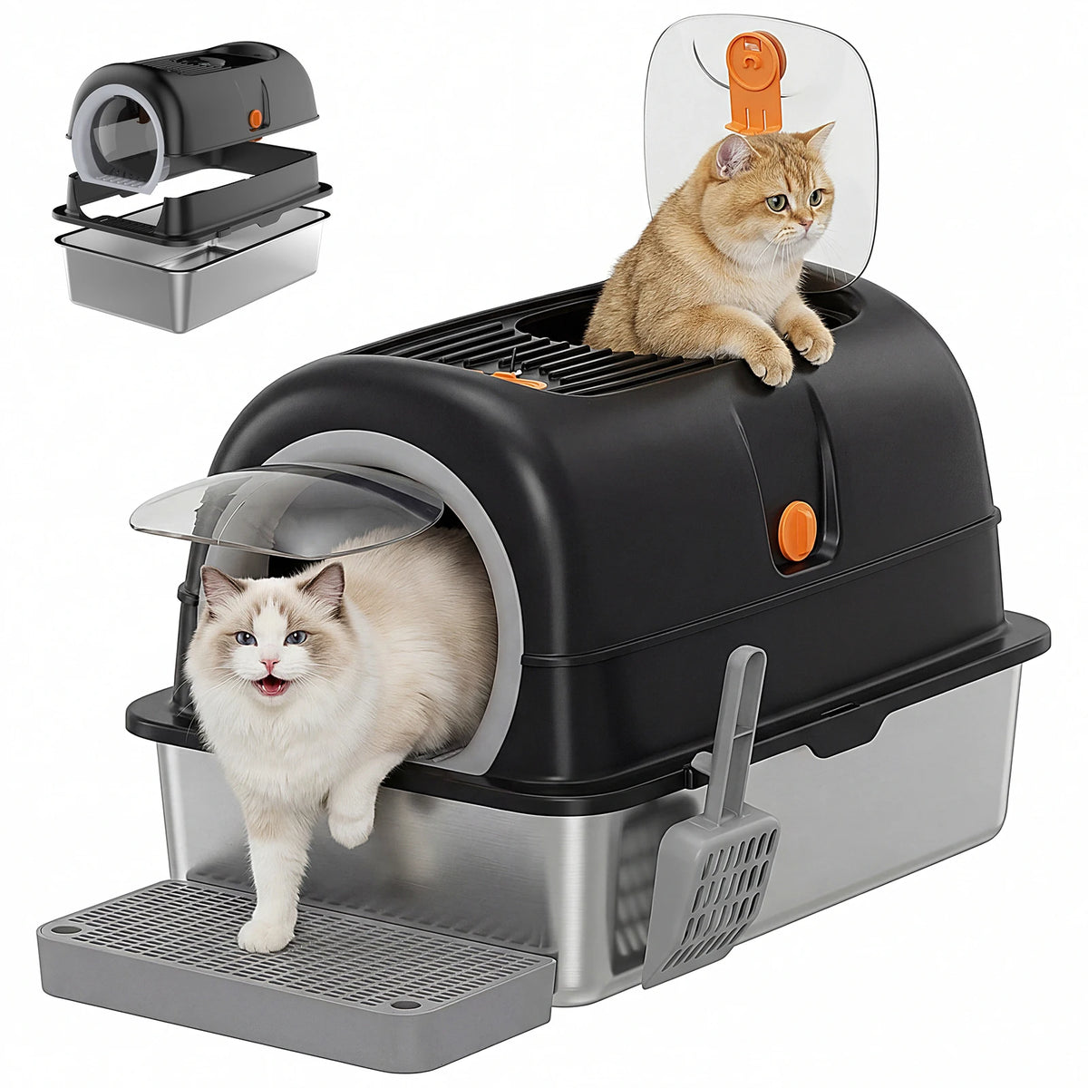 Stainless Steel Fully Enclosed Cat Litter Box And Scoop Mat