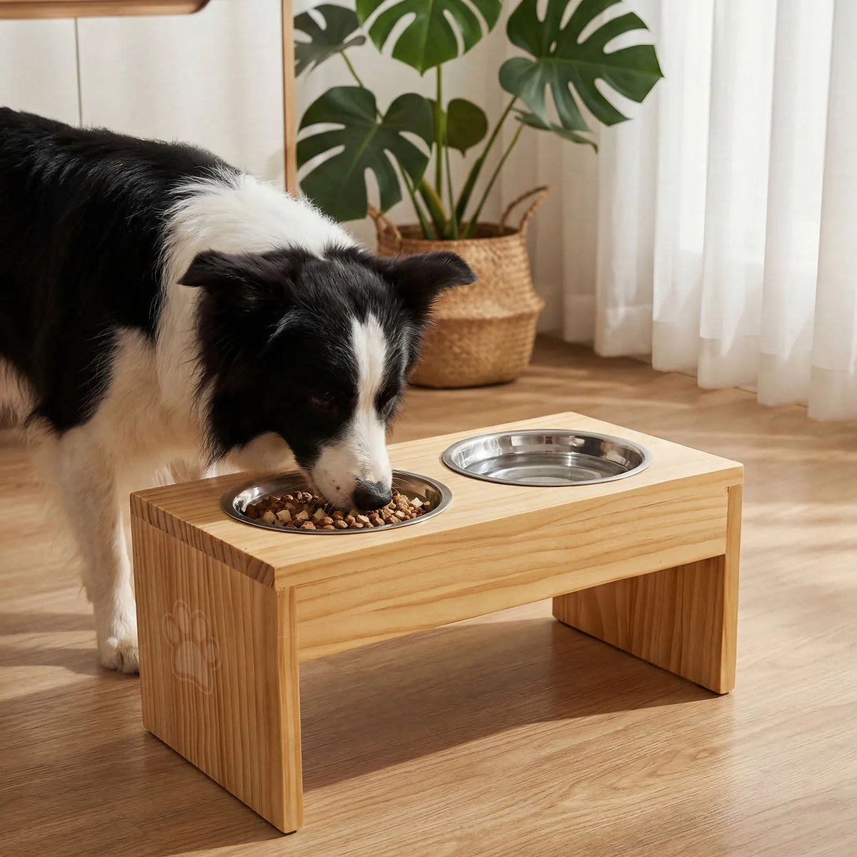 Elevated Wooden Dog Feeder Stand With Stainless Steel Bowls