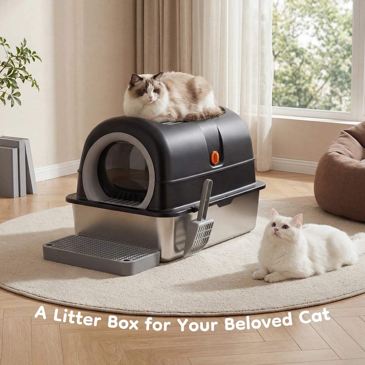 Stainless Steel Fully Enclosed Cat Litter Box And Scoop Mat