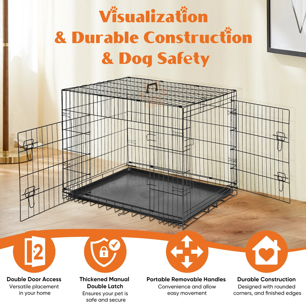 JHK Foldable Metal Wire Dog Cage With Leak Proof Tray