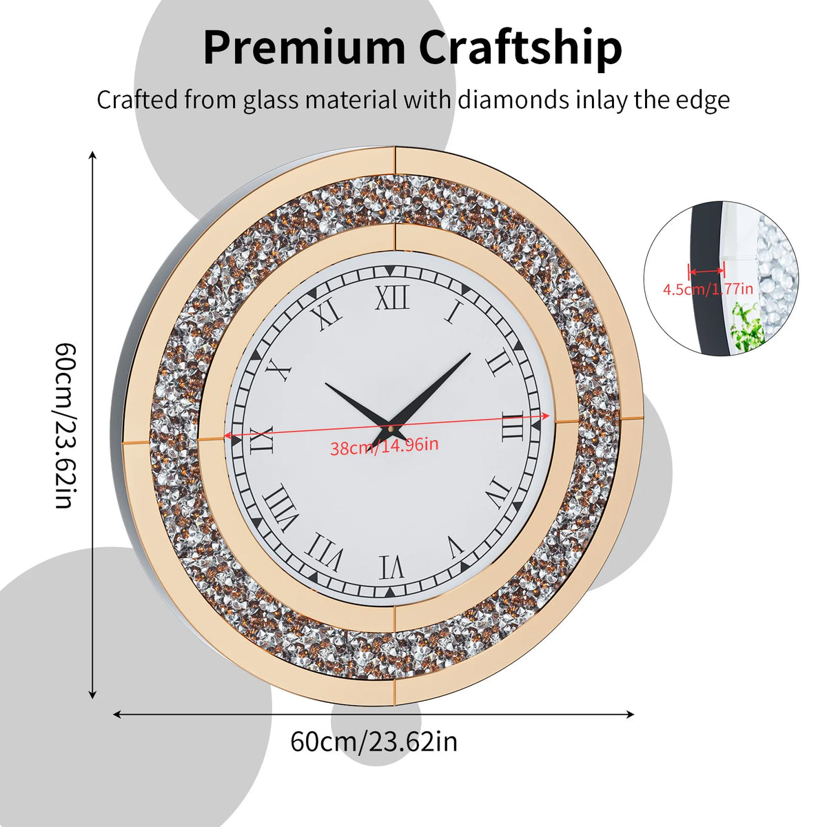 Crystal Sparkle Mirrored Round Wall Clock for Elegant Home Decor