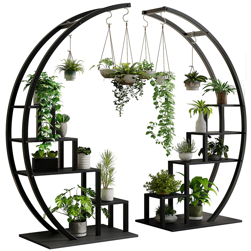 HiMISS Five Tier Metal Plant Stand With Hanging Hooks and Display Shelf