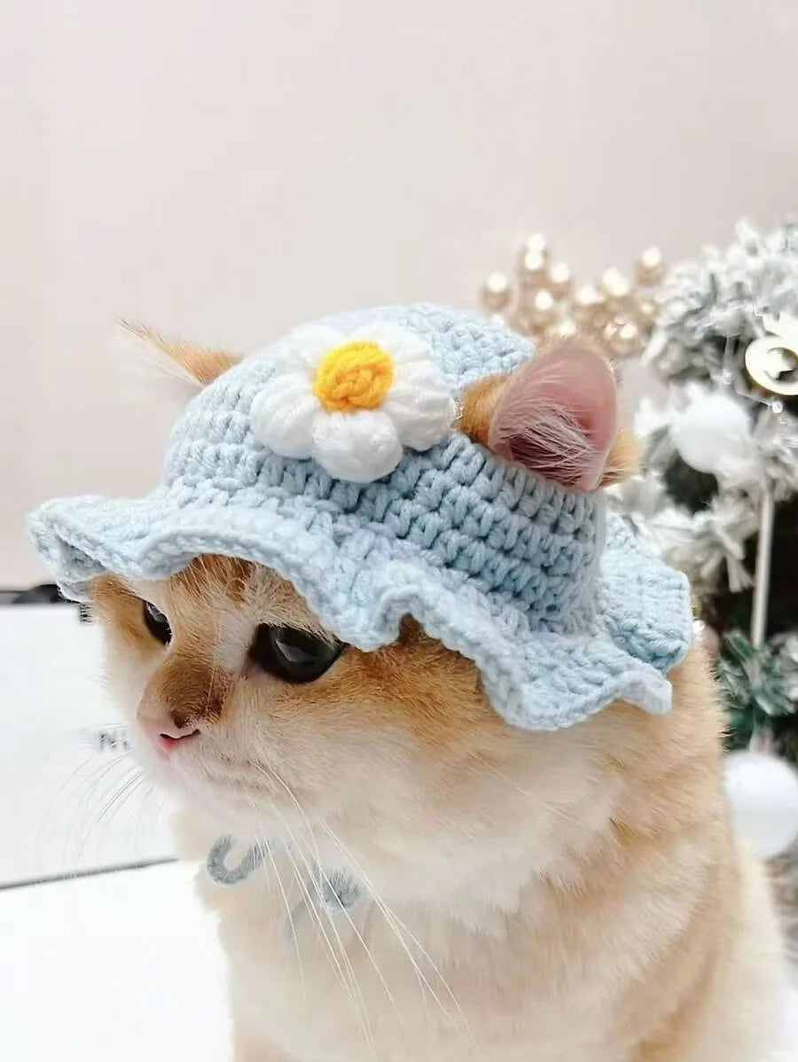 Knitted Wool Hat With Floral Trim For Cats And Dogs