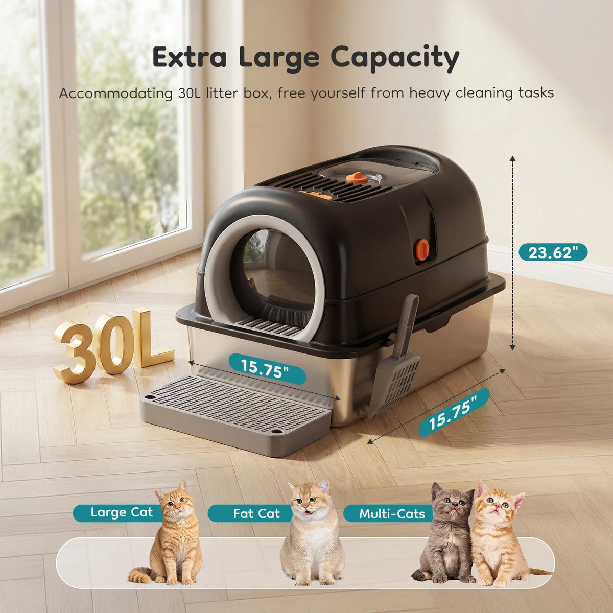 Stainless Steel Fully Enclosed Cat Litter Box And Scoop Mat