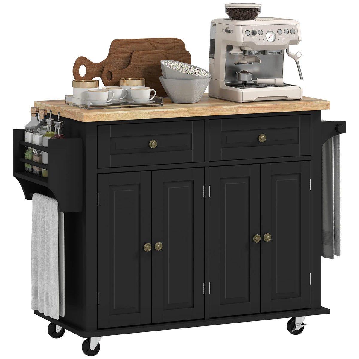 HOMCOM Kitchen Island Cart with Solid Wood Top and Storage