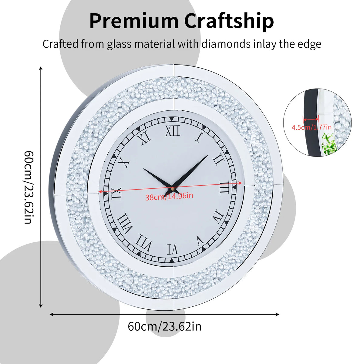 Crystal Sparkle Mirrored Round Wall Clock for Elegant Home Decor