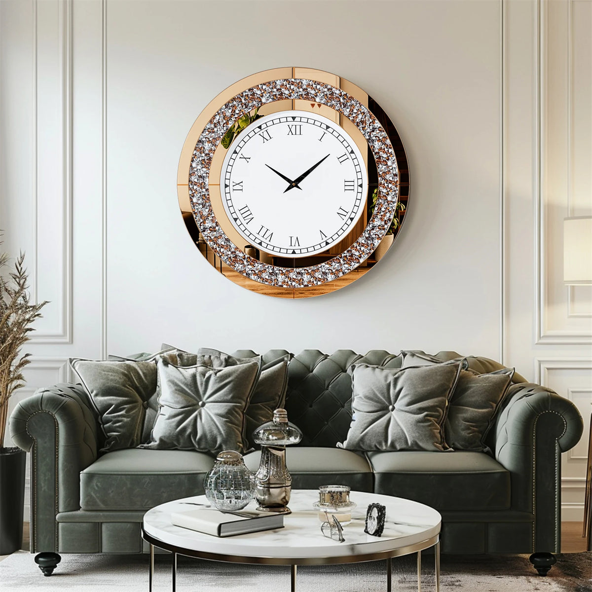 Crystal Sparkle Mirrored Round Wall Clock for Elegant Home Decor