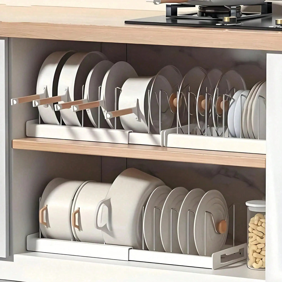 Pull Out Pot Lid Organizer Rack With Adjustable Compartments
