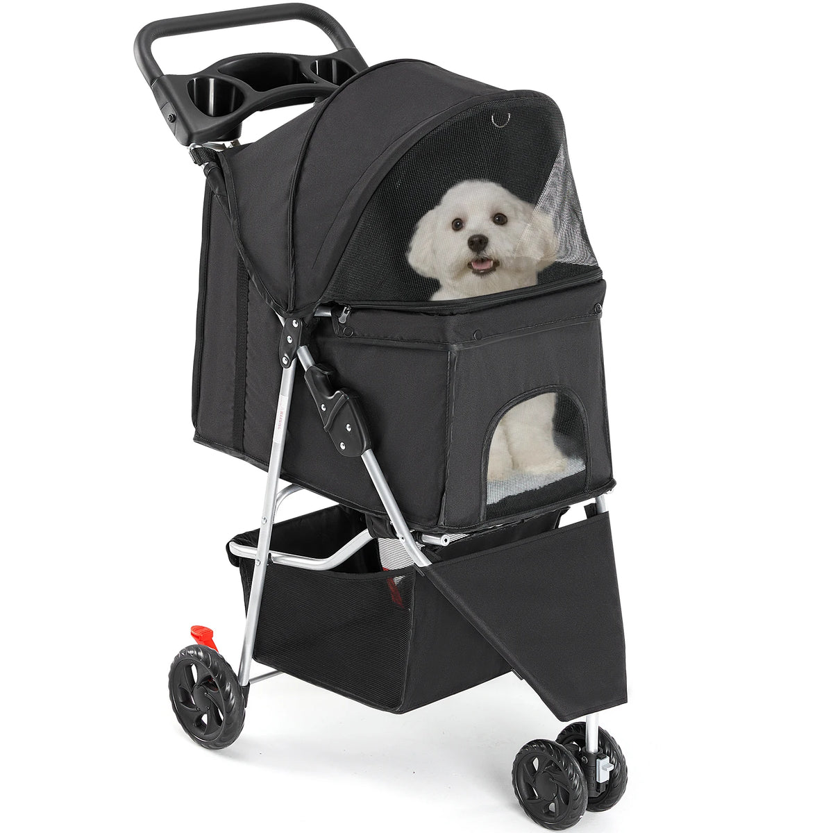 Foldable Pet Stroller For Dogs And Cats With Storage Basket