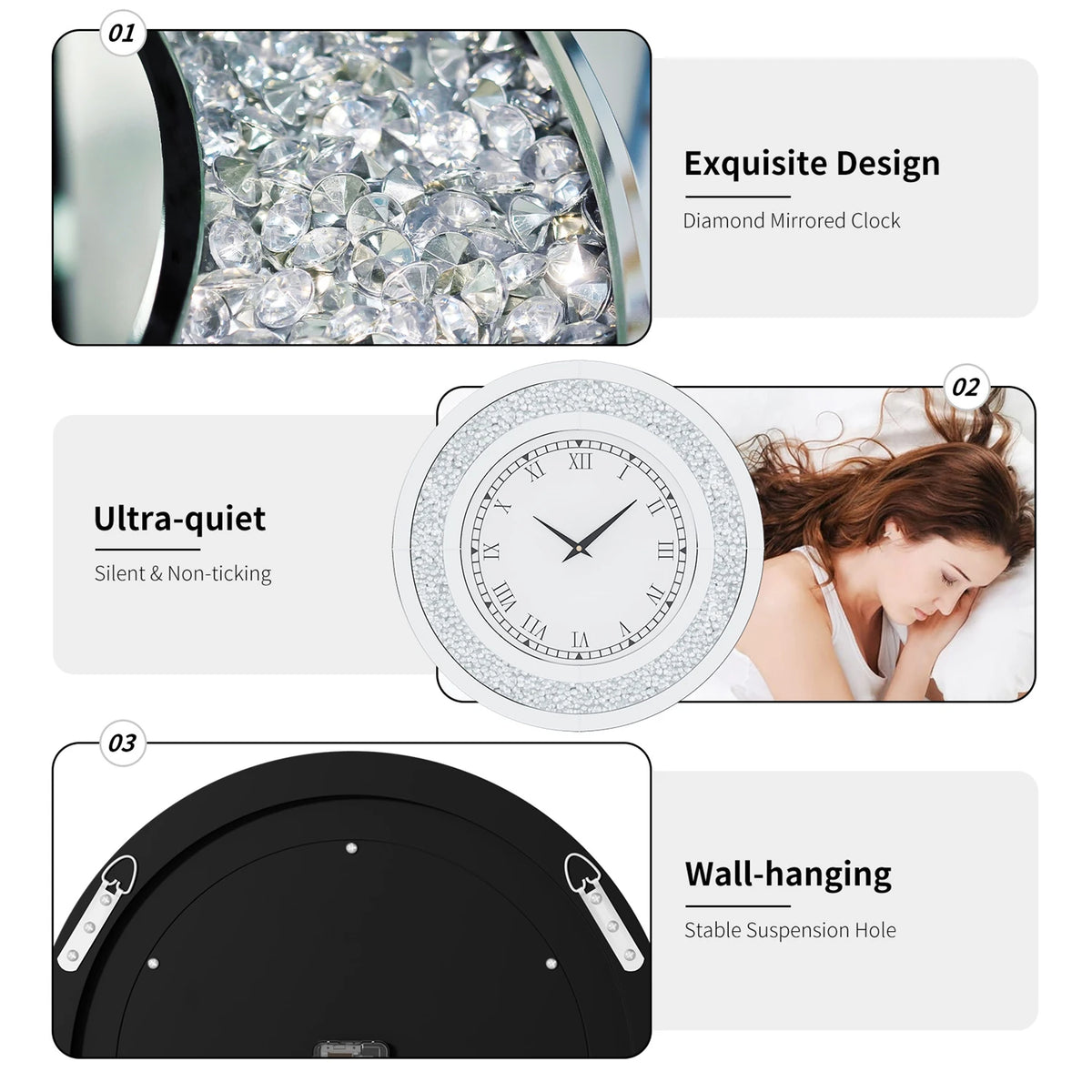Crystal Sparkle Mirrored Round Wall Clock for Elegant Home Decor