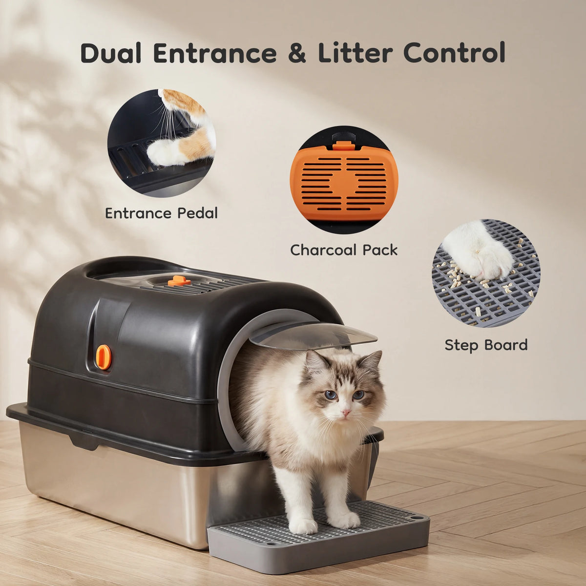 Stainless Steel Fully Enclosed Cat Litter Box And Scoop Mat