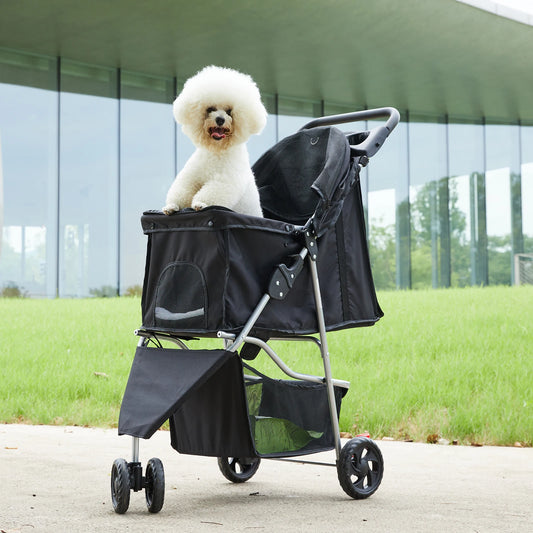 Foldable Pet Stroller For Dogs And Cats With Storage Basket