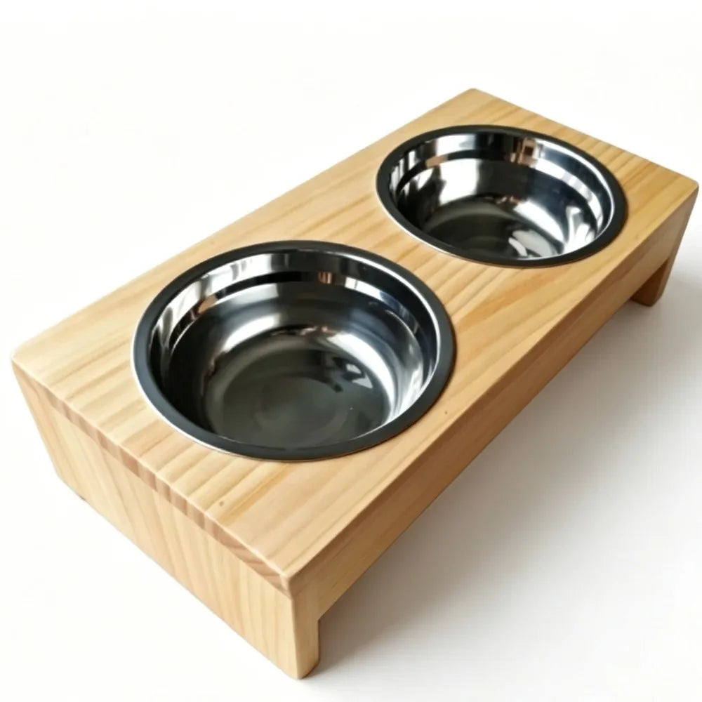 Elevated Wooden Dog Feeder Stand With Stainless Steel Bowls