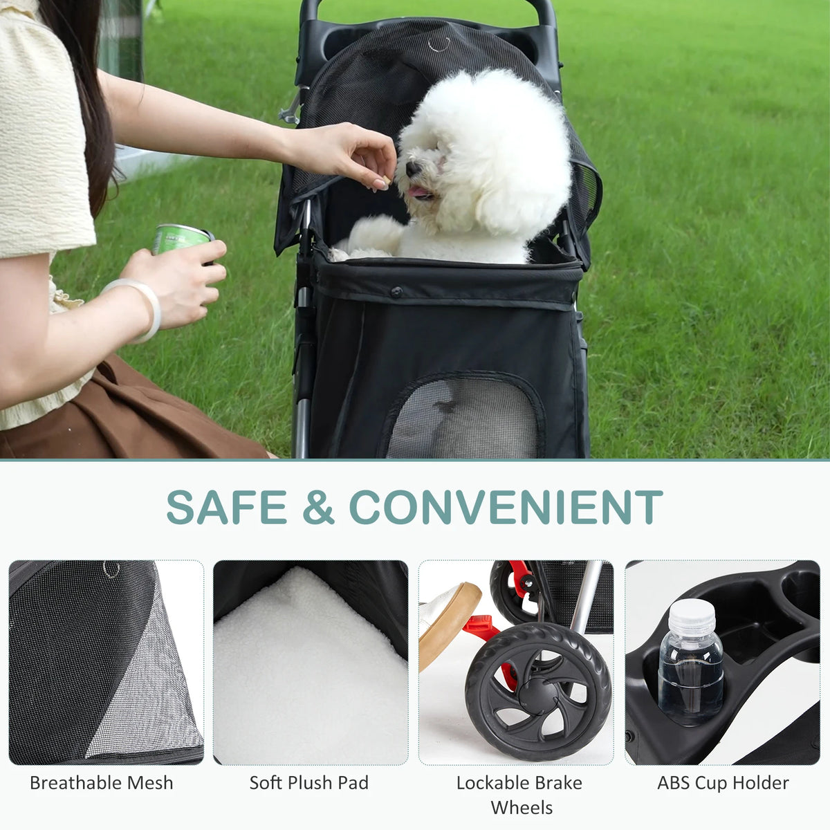 Foldable Pet Stroller For Dogs And Cats With Storage Basket