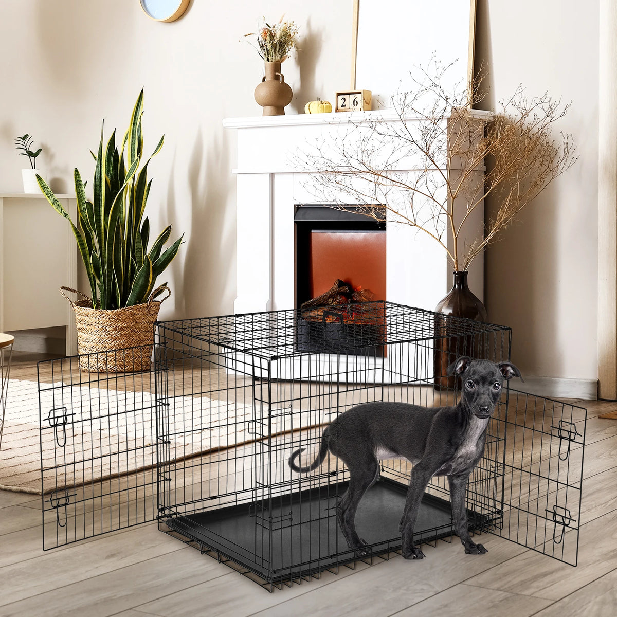 JHK Foldable Metal Wire Dog Cage With Leak Proof Tray