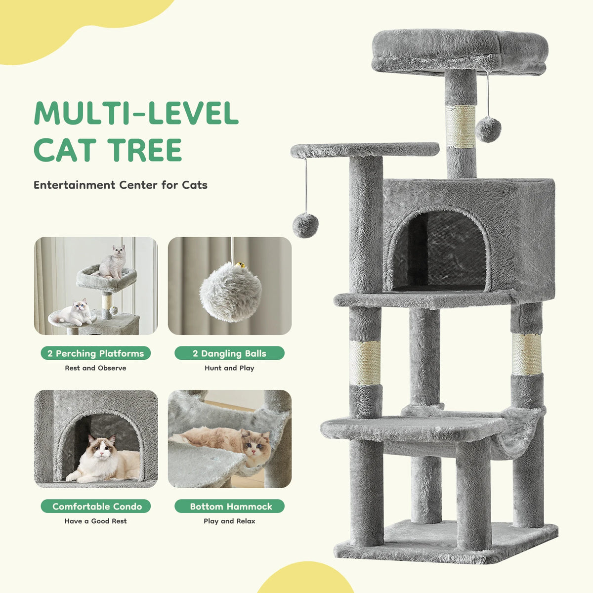 JHK Multi Tier Indoor Cat Tree With Sisal Scratching Platform