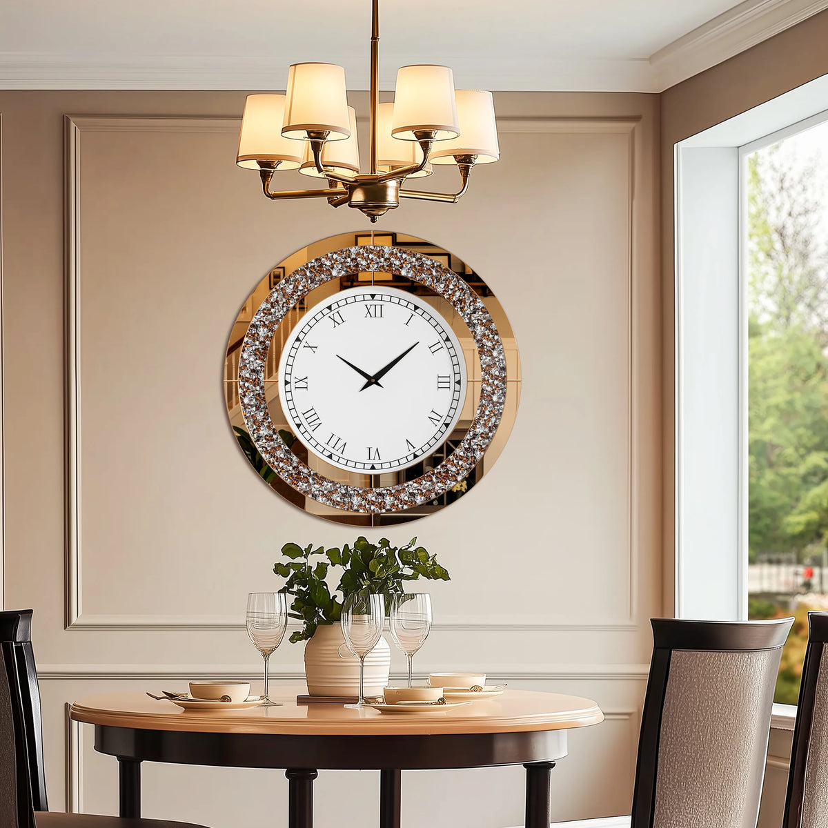 Crystal Sparkle Mirrored Round Wall Clock for Elegant Home Decor