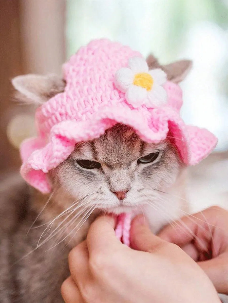 Knitted Wool Hat With Floral Trim For Cats And Dogs