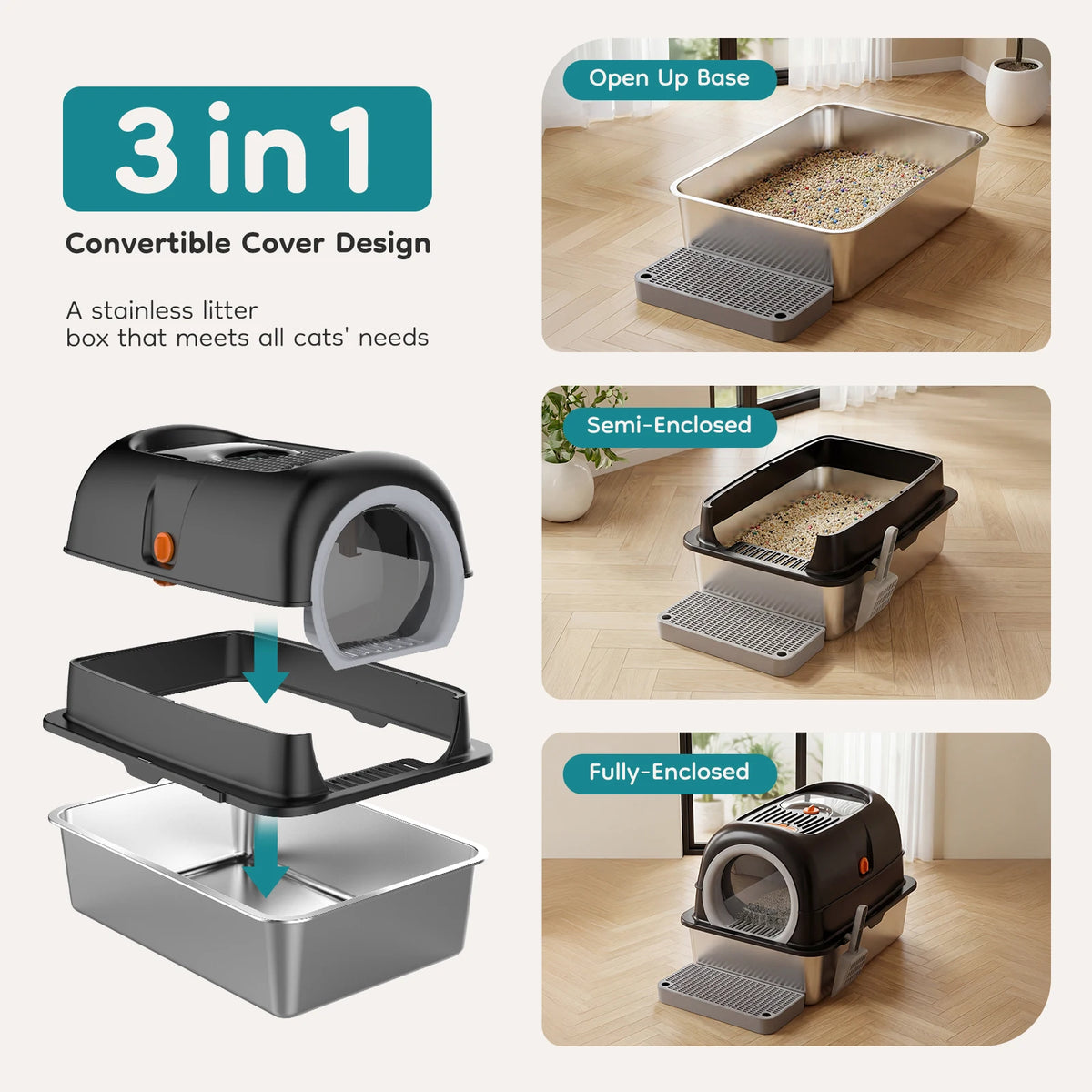 Stainless Steel Fully Enclosed Cat Litter Box And Scoop Mat