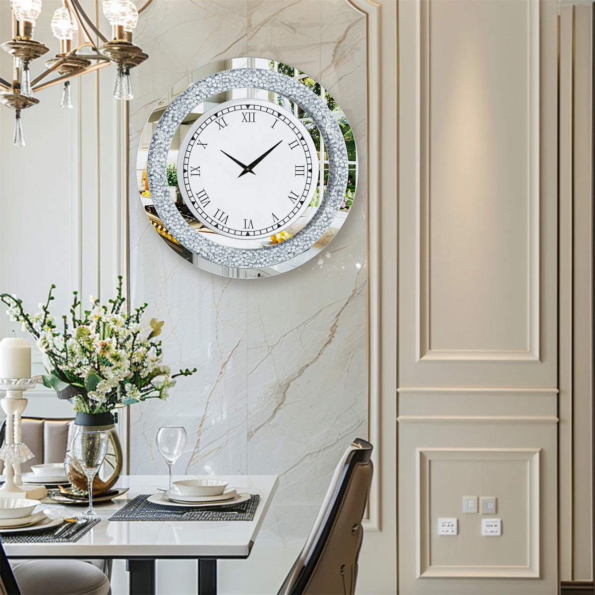 Crystal Sparkle Mirrored Round Wall Clock for Elegant Home Decor
