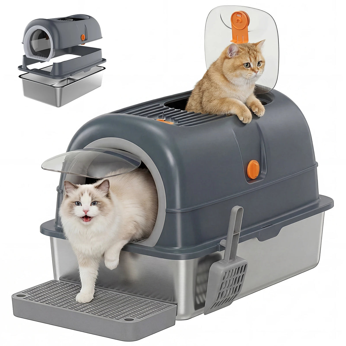 Stainless Steel Fully Enclosed Cat Litter Box And Scoop Mat