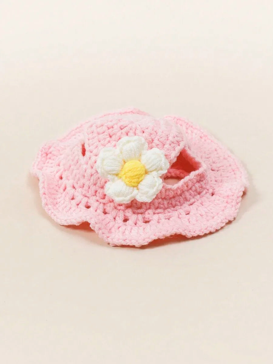 Knitted Wool Hat With Floral Trim For Cats And Dogs