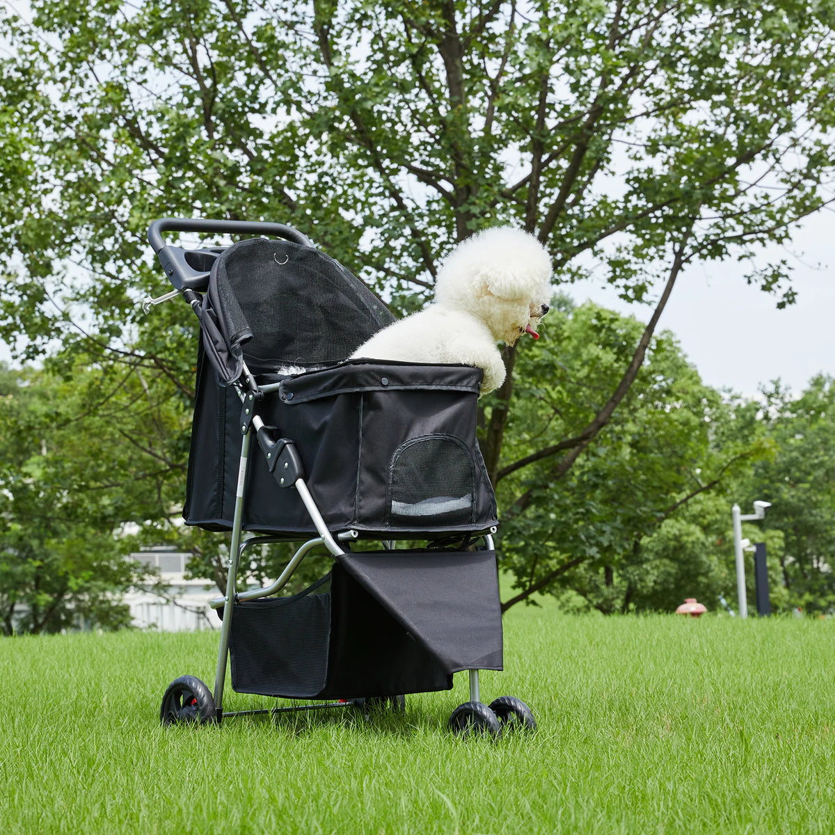 Foldable Pet Stroller For Dogs And Cats With Storage Basket